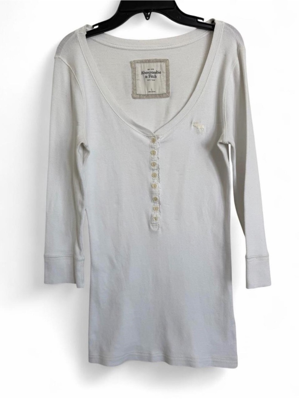 Rare Vintage Abercrombie & Fitch White Long-Sleeve Henley Top Size L
